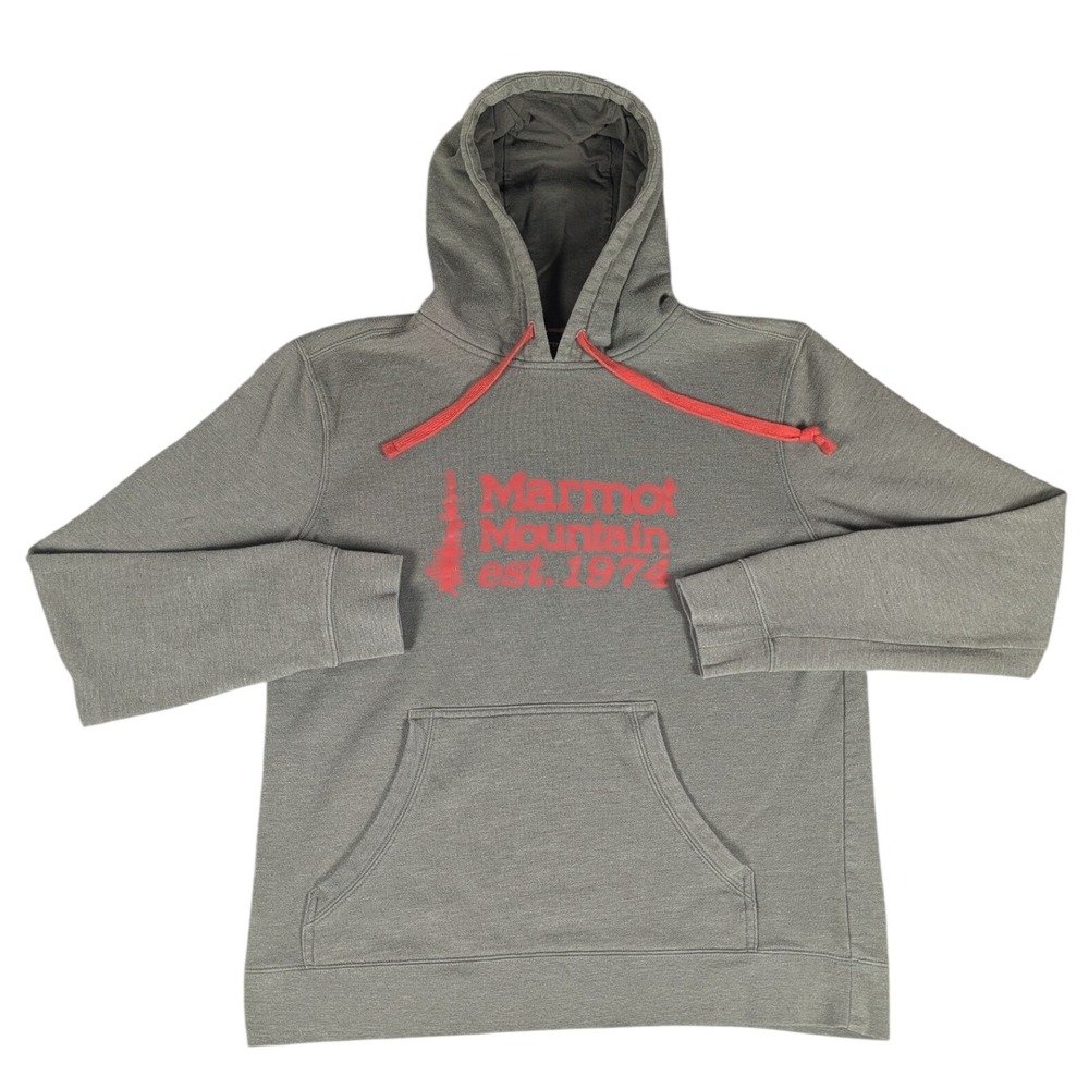 Marmot Mountain Hoodie Mens Medium Olive Green Graphic Pullover Excellent